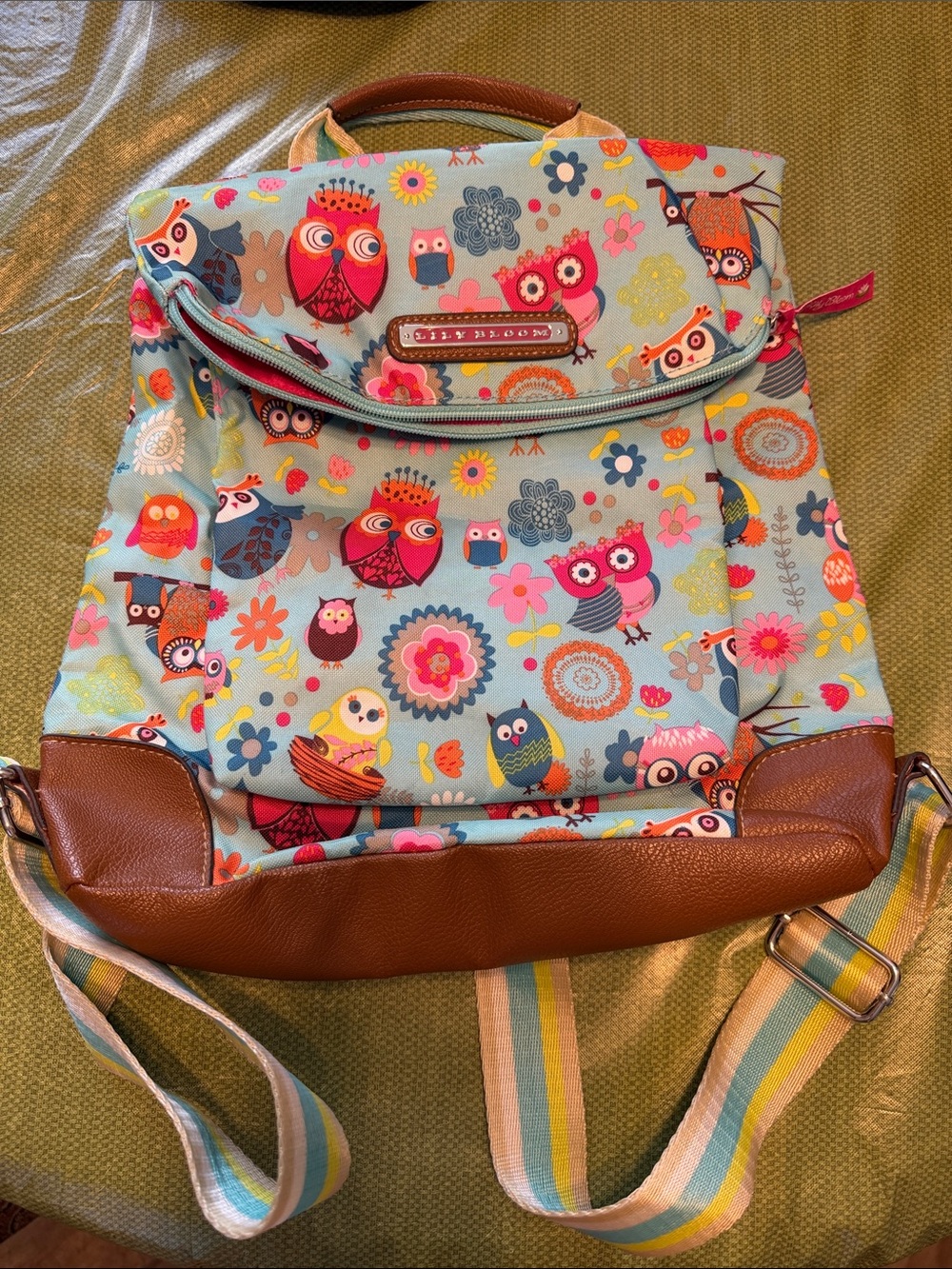 Lily Bloom Owl Print Blue Canvas Backpack with Brown Trim medium size